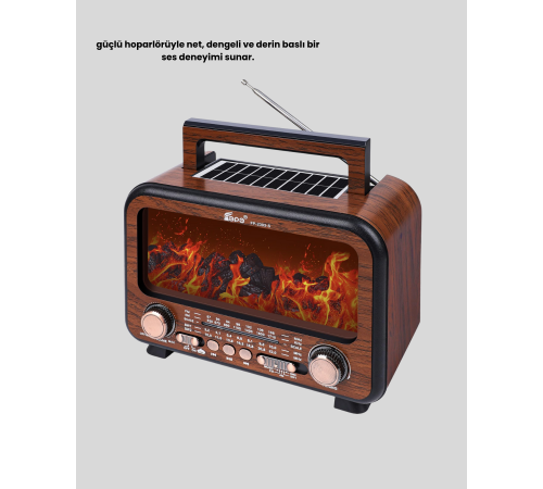 Şömine Efektli Solar Hoparlör Bluetooth 5.3 Radyo AUX USB TF Destekli
