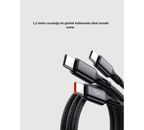 3’ü 1 Arada Şarj Kablosu Type-C iOS Android Uyumlu Hızlı ve Güvenli Şarj