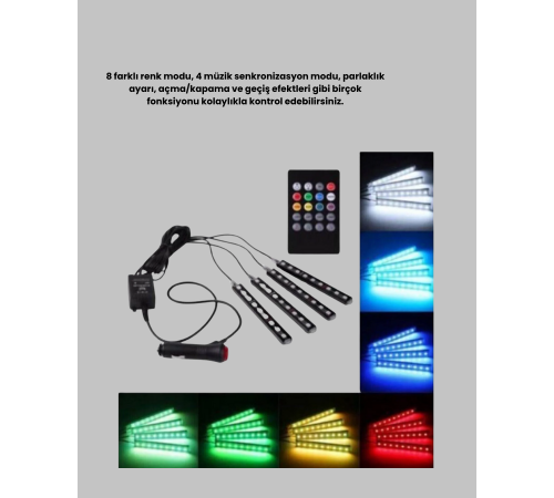 RGB Müzik Kontrollü Araç LED Işık Seti 48 LED 12V Uzaktan Kumandalı