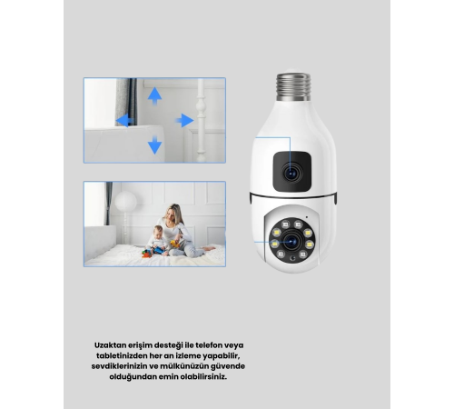 WiFi Ampul Güvenlik Kamerası 1080P Full HD Gece Görüşlü ve Hareket Algılamalı