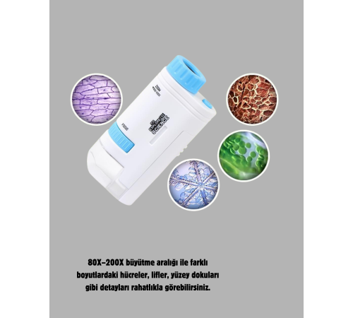 Taşınabilir Mini Mikroskop LED Işıklı 80X–200X Büyütmeli ve Odak Ayarlı
