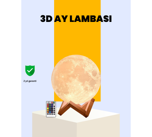 Şarjlı 3D Baskılı 16 Renk Ay Lambası Ahşap Stand ve Uzaktan Kumanda