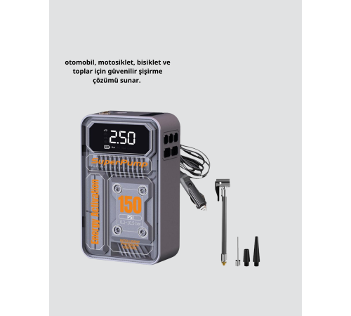 150 PSI Kablosuz Şarjlı Hava Pompası – LED Ekranlı ve Otomatik Kapanma Özellikli