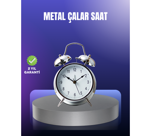 Yuvarlak Gümüş Dekoratif Işıklı Masa Üstü Saat Alarmlı Sessiz Çalışma