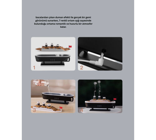Dekoratif Gemi Modeli 7 Renk Işıklı Hava Nemlendirici ve Oda Kokusu Difüzörü