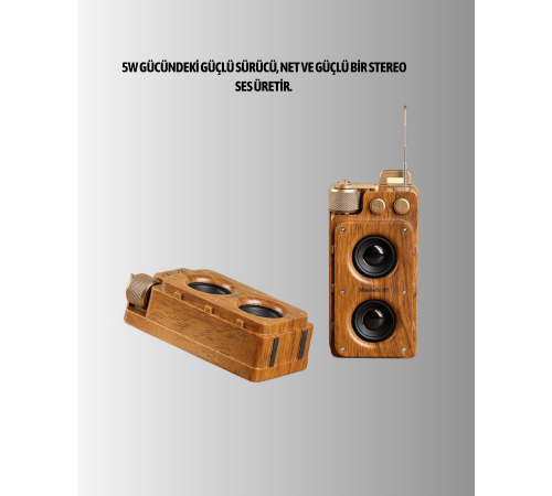 Retro Bluetooth Hoparlör Ahşap Görünümlü 5W Çift Stereo Ses