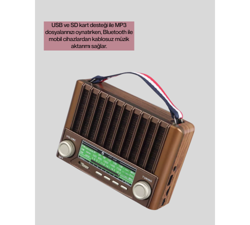 Solar Şarjlı Taşınabilir Radyo Bluetooth Hoparlör USB SD Destekli