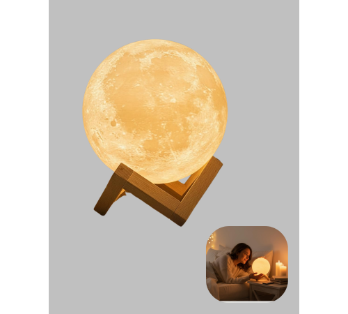 Şarjlı 3D Baskılı 16 Renk Ay Lambası Ahşap Stand ve Uzaktan Kumanda