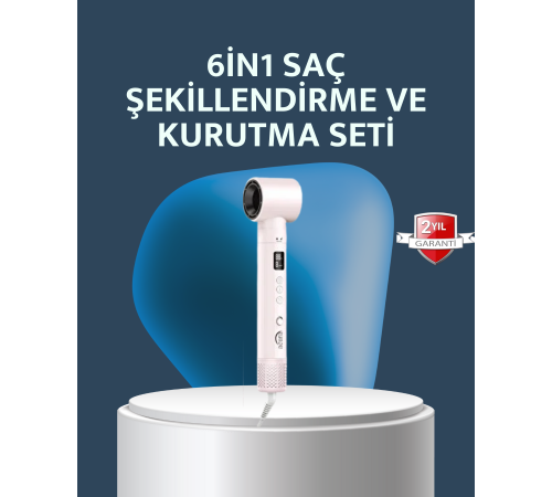 6-in-1 Saç Şekillendirme Seti Yüksek Hızlı Motor Negatif İyon LCD Ekran