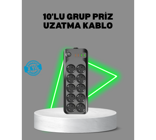 Termal Akım Korumalı 10’lu Grup Priz USB Type-C Hızlı Şarj 2500W 2m Kablo