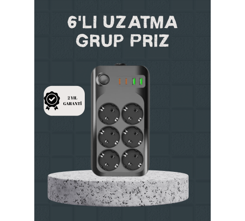 Termal Akım Korumalı 6’lı Uzatma Priz USB Type-C Hızlı Şarj 2500W