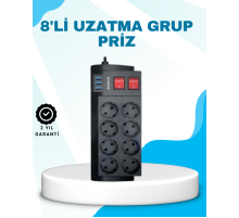 Isıya Dayanıklı Termal Akım Korumalı 8'li Priz ve 3 USB Girişli Uzatma Kablosu