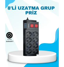 Isıya Dayanıklı Termal Akım Korumalı 8'li Priz ve 3 USB Girişli Uzatma Kablosu