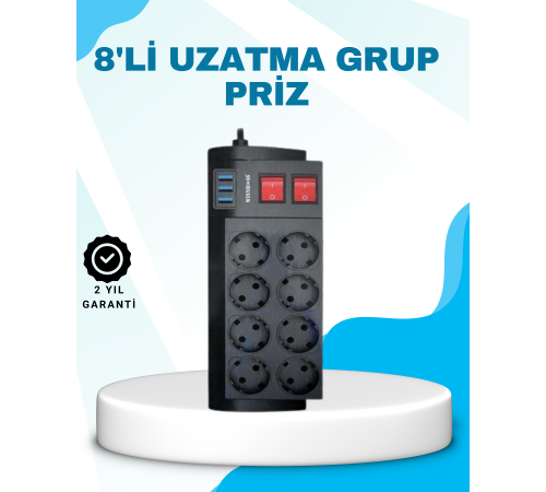 Isıya Dayanıklı Termal Akım Korumalı 8'li Priz ve 3 USB Girişli Uzatma Kablosu