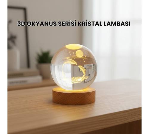 3D Yunus Desenli Kristal Küre Ahşap Tabanlı Işıklı Dekor Objesi