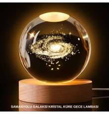 3D Samanyolu Galaksi Kristal Küre USB LED Işıklı Ahşap Standlı Gece Lambası