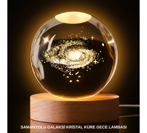 3D Samanyolu Galaksi Kristal Küre USB LED Işıklı Ahşap Standlı Gece Lambası