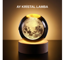 Ay Figürlü 3D Kristal Küre LED Gece Lambası Ahşap Standlı Dekoratif Lamba