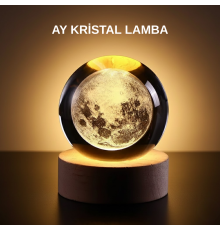 Ay Figürlü 3D Kristal Küre LED Gece Lambası Ahşap Standlı Dekoratif Lamba