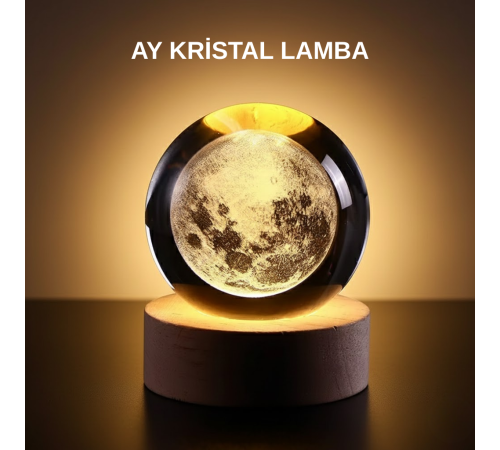 Ay Figürlü 3D Kristal Küre LED Gece Lambası Ahşap Standlı Dekoratif Lamba