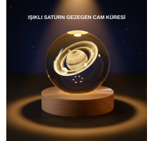 Satürn Desenli Kristal Küre LED Gece Lambası Ahşap Standlı