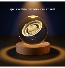 Satürn Desenli Kristal Küre LED Gece Lambası Ahşap Standlı