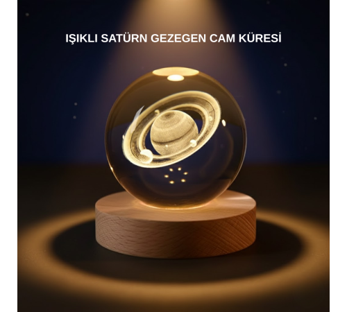 Satürn Desenli Kristal Küre LED Gece Lambası Ahşap Standlı