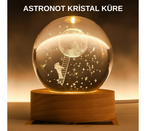 3D Astronot Kristal Küre Gece Lambası USB Ahşap Standlı Dekoratif Işık