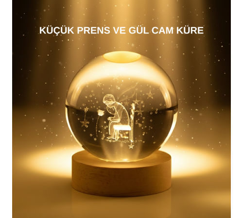 Küçük Prens Cam Küre USB Işıklı Ahşap Standlı Büyük Boy