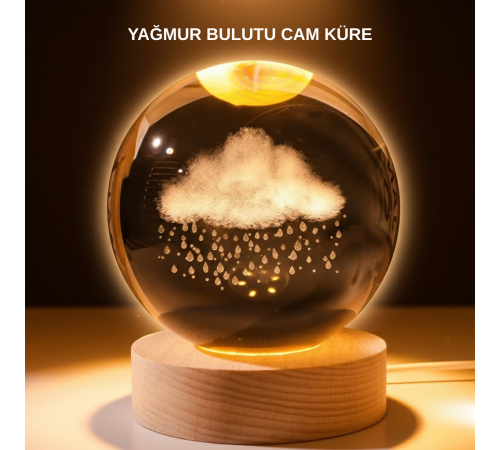 USB LED 3D Yağmur Bulutu Kristal Küre Sıcak Işıklı Ahşap Standlı Gece Lambası