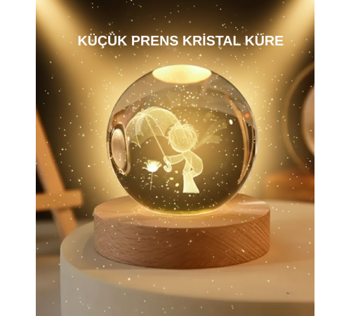 USB LED 3D Küçük Prens Kristal Küre Ahşap Standlı Gece Lambası