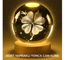 Yonca Bitki Figürlü LED Işıklı Cam Küre USB Ahşap Standlı Gece Lambası