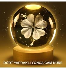 Yonca Bitki Figürlü LED Işıklı Cam Küre USB Ahşap Standlı Gece Lambası