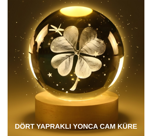 Yonca Bitki Figürlü LED Işıklı Cam Küre USB Ahşap Standlı Gece Lambası