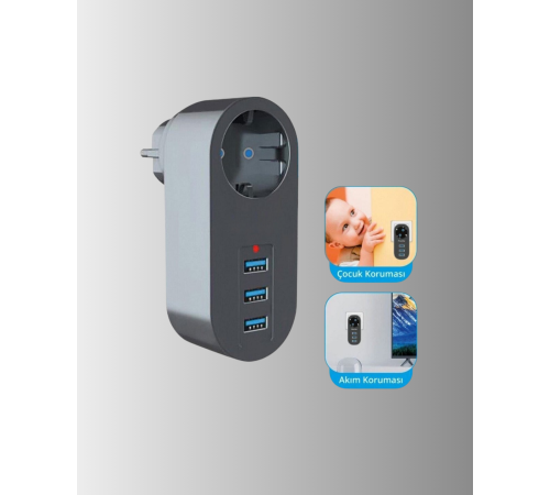 2500W Güç Destekli Akım Korumalı Priz – 3 USB Çıkışlı