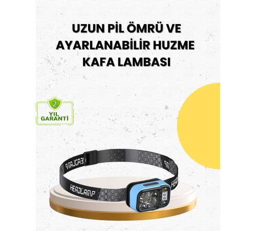 Üç Renkli LED Kafa Feneri 53 Mod Güç Göstergeli Type C Şarjlı