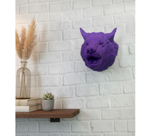 Mor Renk 3D Kurt Başı Duvar Dekoru Asılabilir Maskot Heykel 25x19 cm