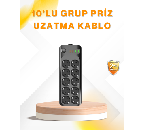10’lu Çoklu Priz Termal Korumalı USB Type-C Çıkışlı 2500W Uzatma Kablosu