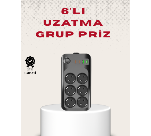 6’lı Grup Priz Termal Korumalı USB Type-C Çoklu Priz 2 Metre Kablo