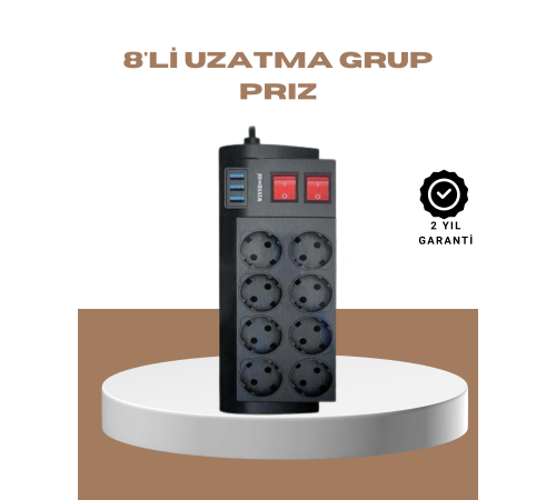 Güçlü Termal Korumalı 8 Priz + 3 USB Çoklu Uzatma Kablosu 2m