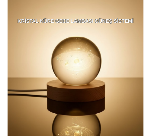 Kristal Gezegen Küre Ahşap Tabanlı USB Işıklı Gece Lambası