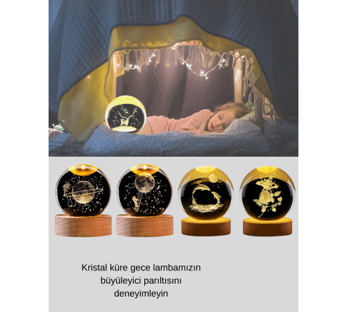 Yunus Figürlü LED Kristal Küre Ahşap Standlı Dekoratif Gece Lambası