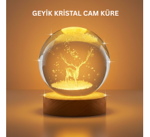3D Geyik Desenli Kristal Küre USB Işıklı Ahşap Tabanlı Oda Lambası