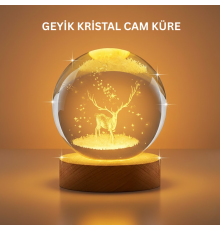 3D Geyik Desenli Kristal Küre USB Işıklı Ahşap Tabanlı Oda Lambası