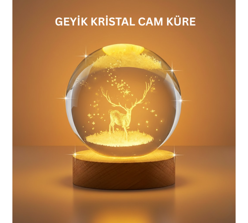 3D Geyik Desenli Kristal Küre USB Işıklı Ahşap Tabanlı Oda Lambası