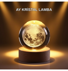 USB Işıklı Ay Kristal Küre 3D Oyma Tasarım Ahşap Standlı Gece Lambası