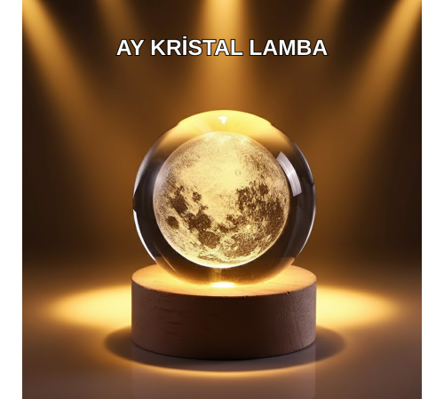 USB Işıklı Ay Kristal Küre 3D Oyma Tasarım Ahşap Standlı Gece Lambası