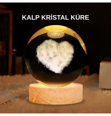 LED Işıklı Kalp Desenli Cam Küre Büyük Boy Ahşap Tabanlı