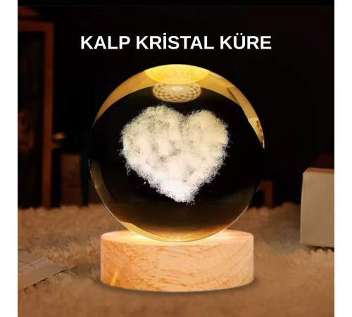 LED Işıklı Kalp Desenli Cam Küre Büyük Boy Ahşap Tabanlı