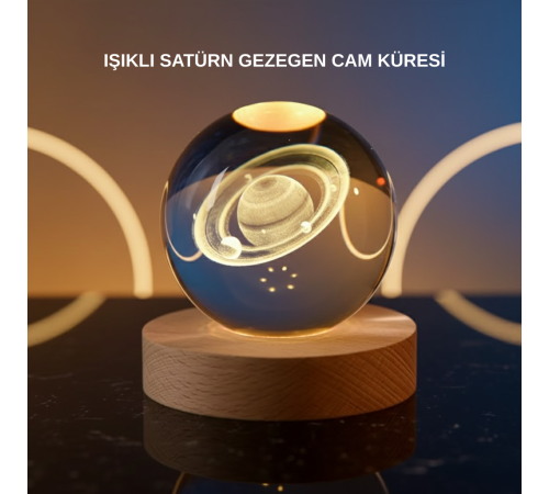 3D Satürn Gravürlü Kristal Küre Dekoratif LED Işıklı Gece Lambası